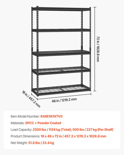 Förvaringshyllor, 2500 lbs, 5-vånings kraftiga garagehyllor, 18" D x 48" B x 72" H Justerbara metallhyllor för industriella hyllenheter, för kök, lager, källare, svarta