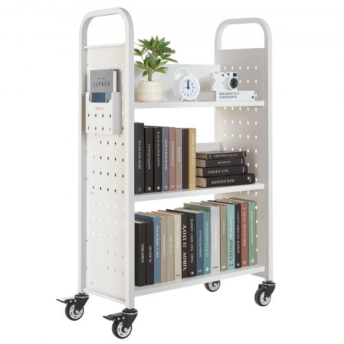 Rullande biblioteksbokvagn, 150 kg kapacitet, 77 x 38 x 122 cm biblioteksvagn, enkelsidiga L-formade hyllor med 76,2 mm låsbara hjul, bokvagn för hemhyllor, kontor och skola, vit