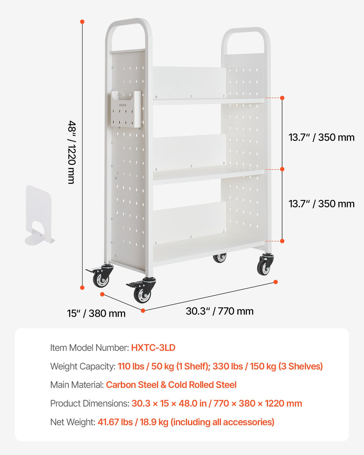 Rullande biblioteksbokvagn, 150 kg kapacitet, 77 x 38 x 122 cm biblioteksvagn, enkelsidiga L-formade hyllor med 76,2 mm låsbara hjul, bokvagn för hemhyllor, kontor och skola, vit