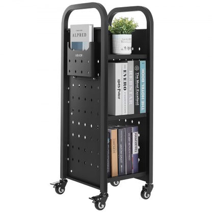 Rullande biblioteksbokvagn, 100 kg kapacitet, 32 x 35 x 93,5 cm biblioteksvagn, enkelsidiga L-formade hyllor med 50,8 mm låsbara hjul, bokvagn för hemhyllor, kontor och skola, svart