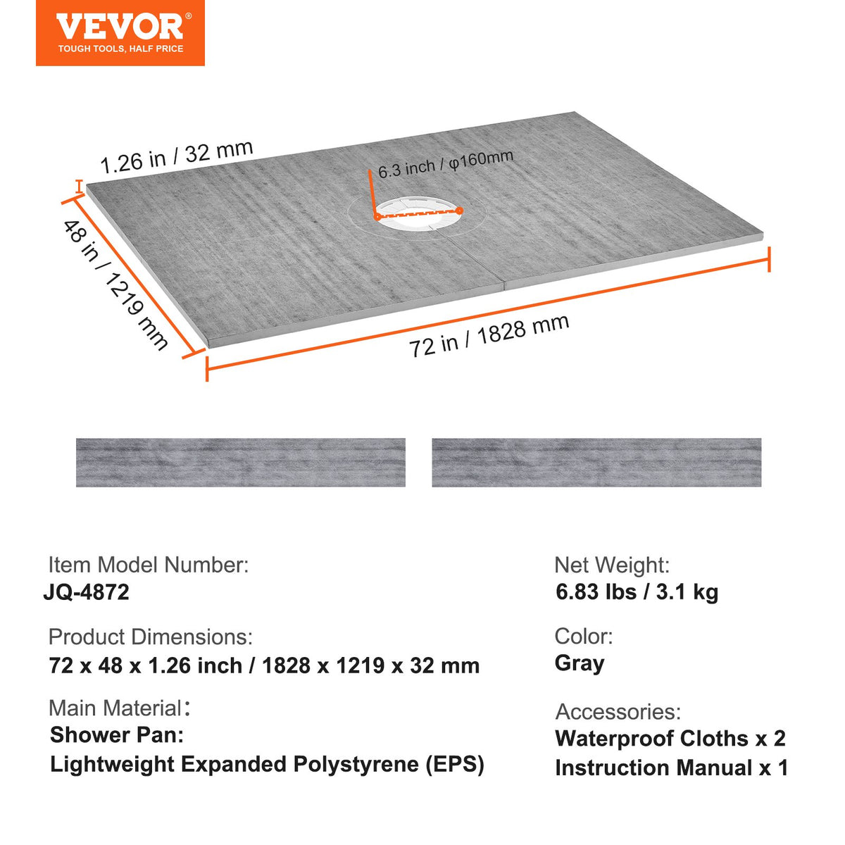 Duschkantsats, 1219x1828 mm duschkarmsats med 160 mm centralt avlopp, lätta EPS-duschinstallationssatser med 2 vattentäta dukar, sluttande duschkar för badrum