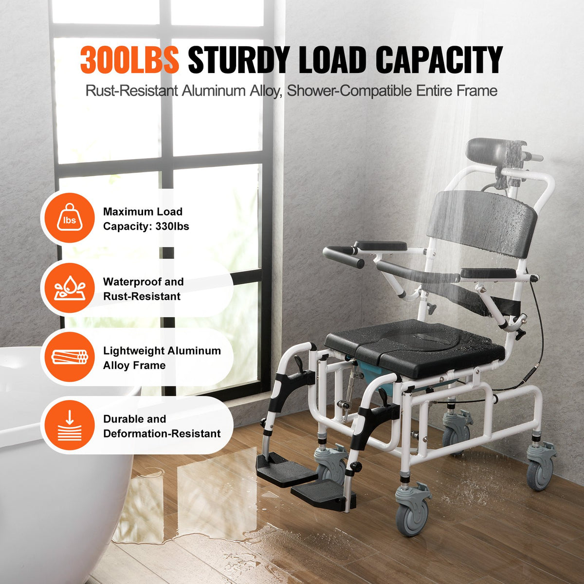 Shower Wheelchair 17.5in/44.5 cm Al Alloy Bathroom Wheelchair for Disabled Adult