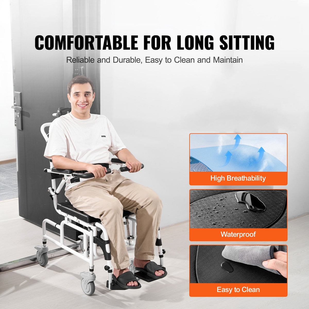 Shower Wheelchair 17.5in/44.5 cm Al Alloy Bathroom Wheelchair for Disabled Adult