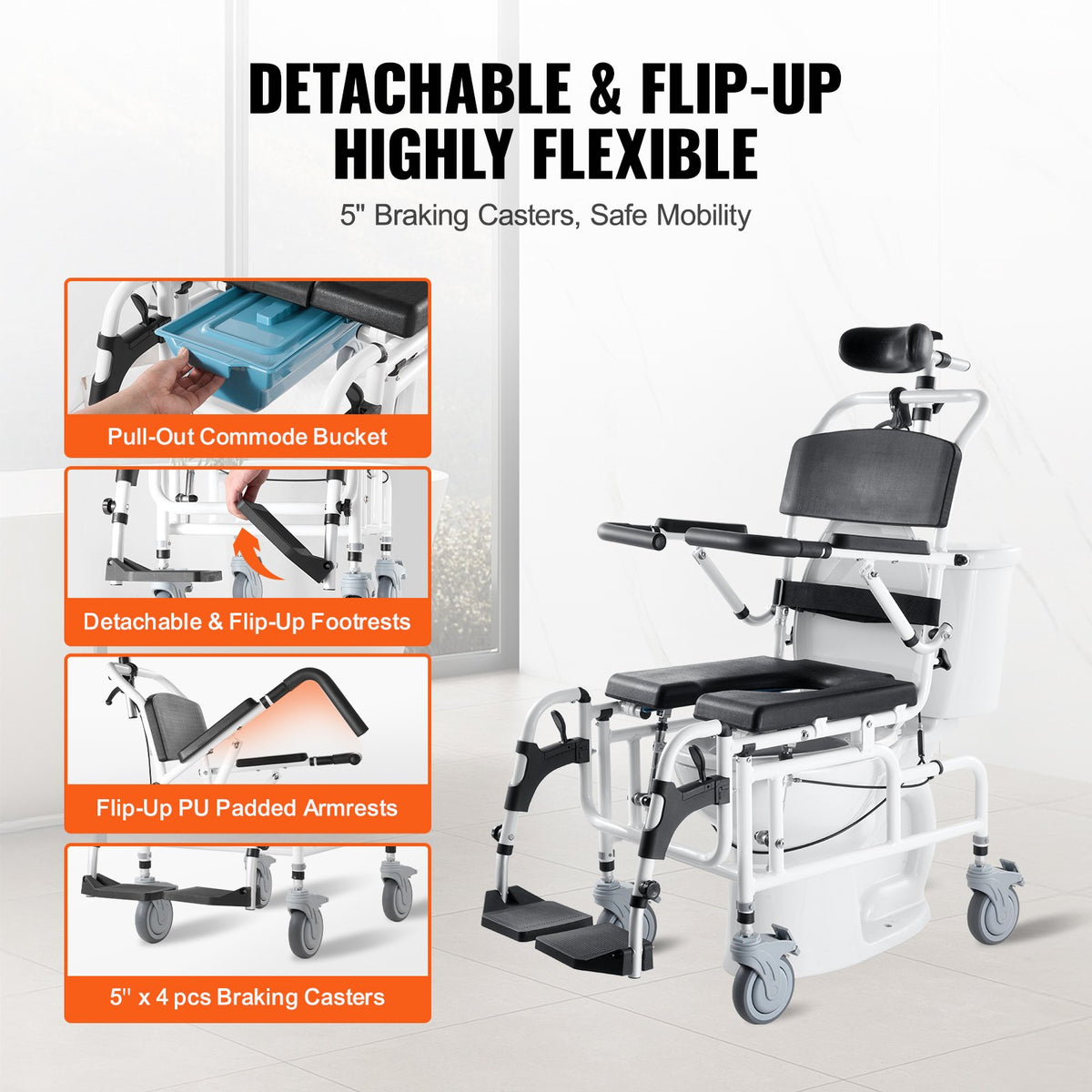 Shower Wheelchair 17.5in/44.5 cm Al Alloy Bathroom Wheelchair for Disabled Adult