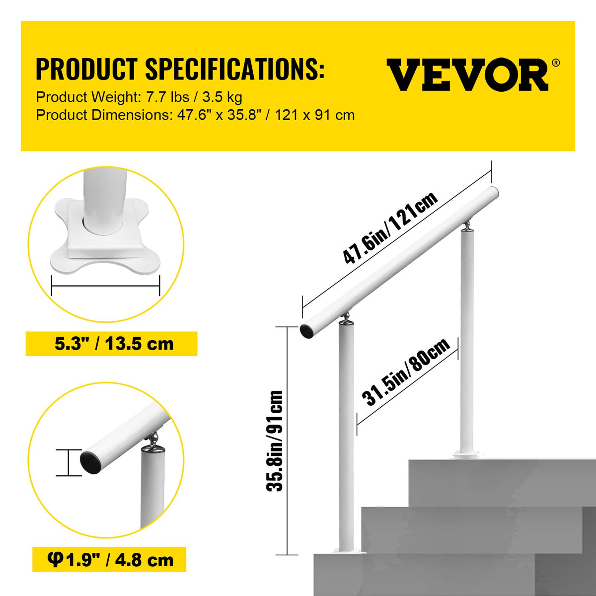 Handrail Outdoor Stairs, 4ft, 34 Inch Outdoor Handrail White Outdoor Stair Railing Adjustable from 0 to 60 Degrees Handrail for Stairs Outdoor White Aluminum Stair Railing for Garden