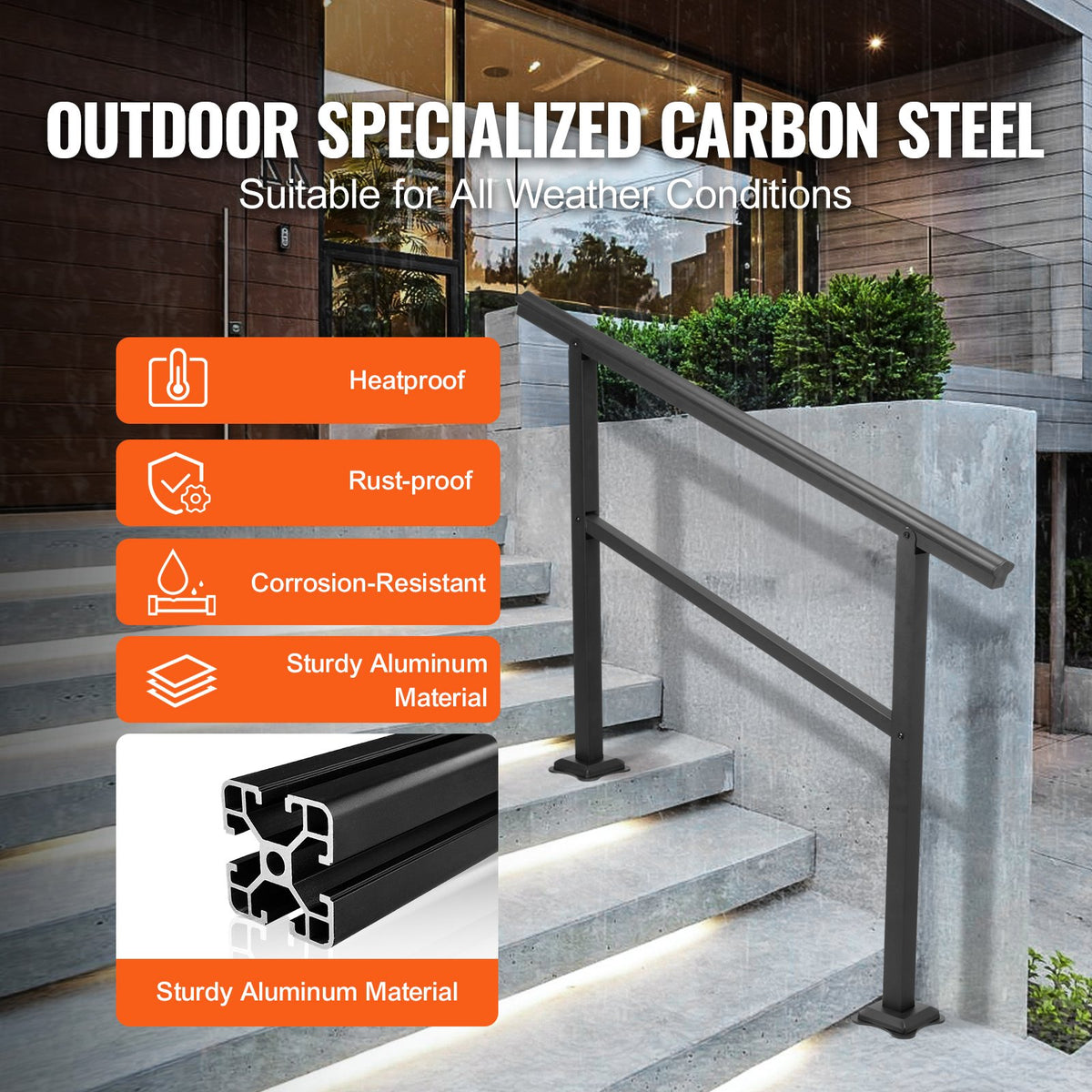 Handrail Banister Outdoor Stairs 48X35.5 Inch Outdoor Handrail Stair Railing Adjustable from 0 to 45 Degrees Handrail for Cross Bar Stairs Outdoor Aluminum Black Stair Railing