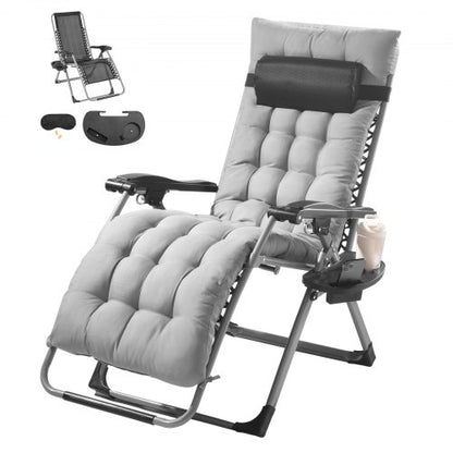 Zero Gravity-stol, 26 tums zero gravity-fåtölj för inomhus- och utomhusbruk, justerbar antigravity-fåtölj med kudde, nackstöd, fotstöd och mugghållare, 500 lbs, grå