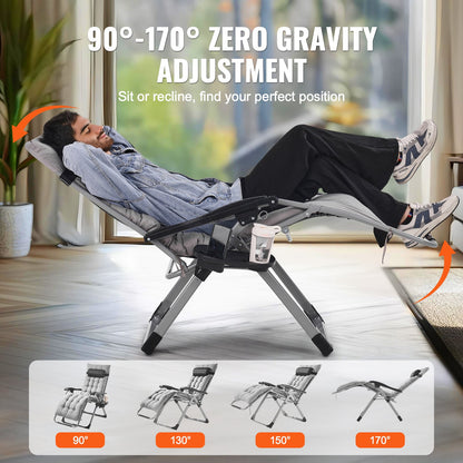 Zero Gravity-stol, 26 tums zero gravity-fåtölj för inomhus- och utomhusbruk, justerbar antigravity-fåtölj med kudde, nackstöd, fotstöd och mugghållare, 500 lbs, grå