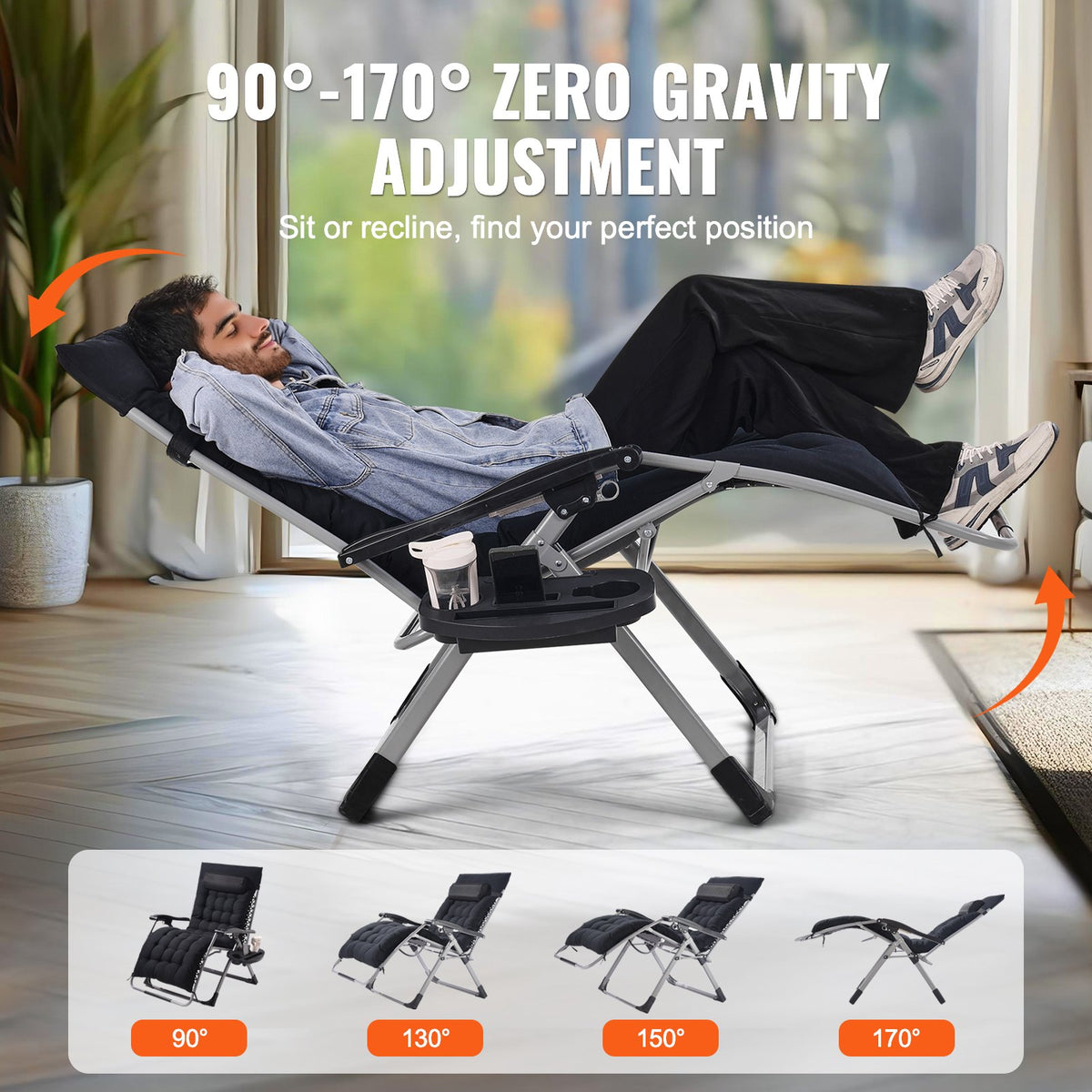 Zero Gravity-fåtölj, 33 tums zero gravity-fåtölj för inomhus- och utomhusbruk, justerbar antigravitationsfåtölj med kudde, nackstöd, fotstöd och mugghållare, 500 lbs, svart