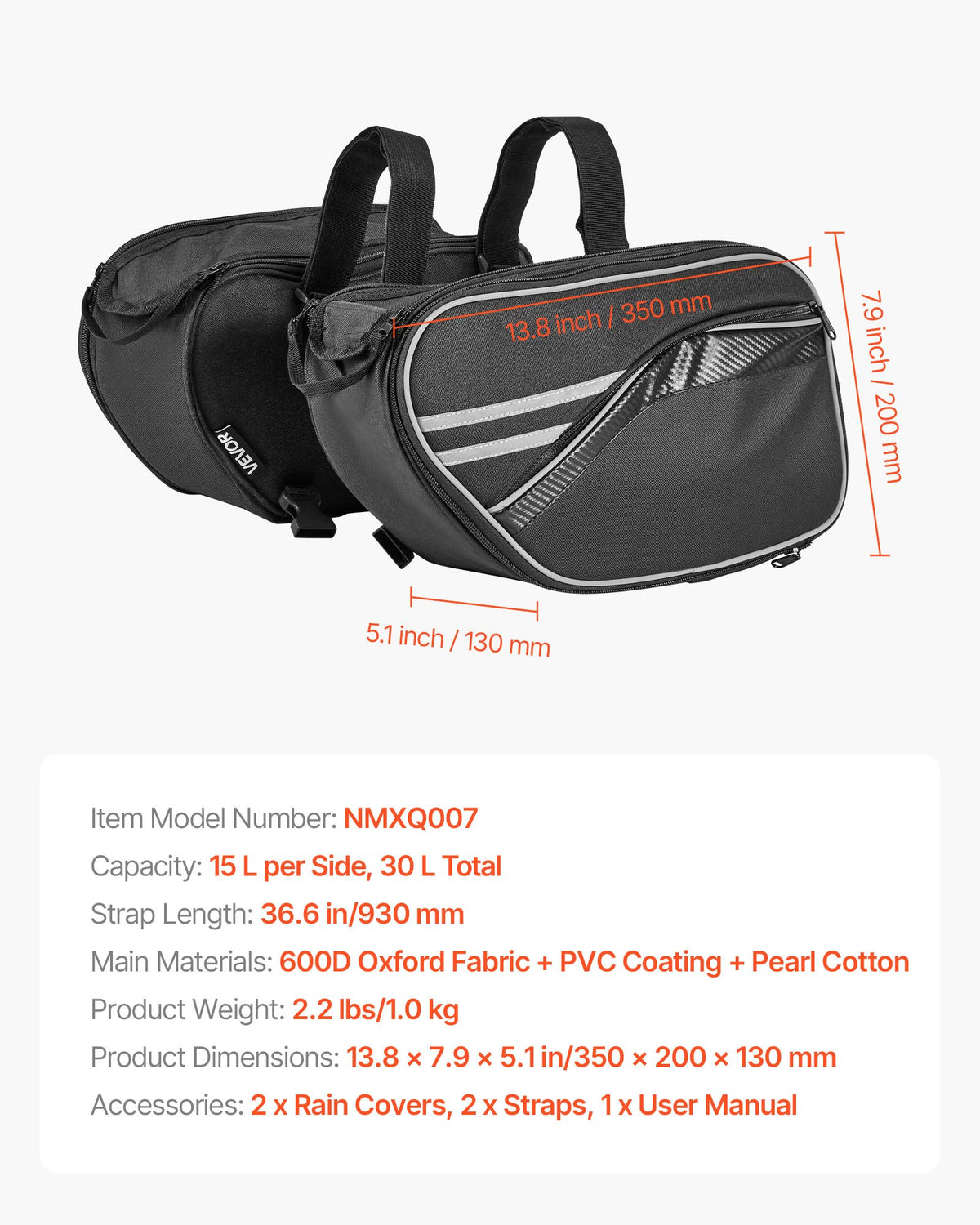 Motorcycle Saddlebag, 30 L (15 L x 2) Large Capacity Side Saddle Bag with Waterproof Rain Cover and Straps, Compatible with Most Motorcycles, Outdoor Sports Motorbike Luggage Storage Bag, Black