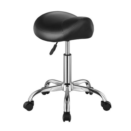 Sadelstol med hjul, 450 LBS viktkapacitet ergonomisk rullstol, höjdjusterbar förtjockad PU-läder snurrbar sadelstol för salong, spa, massage, tatuering, klinik, svart