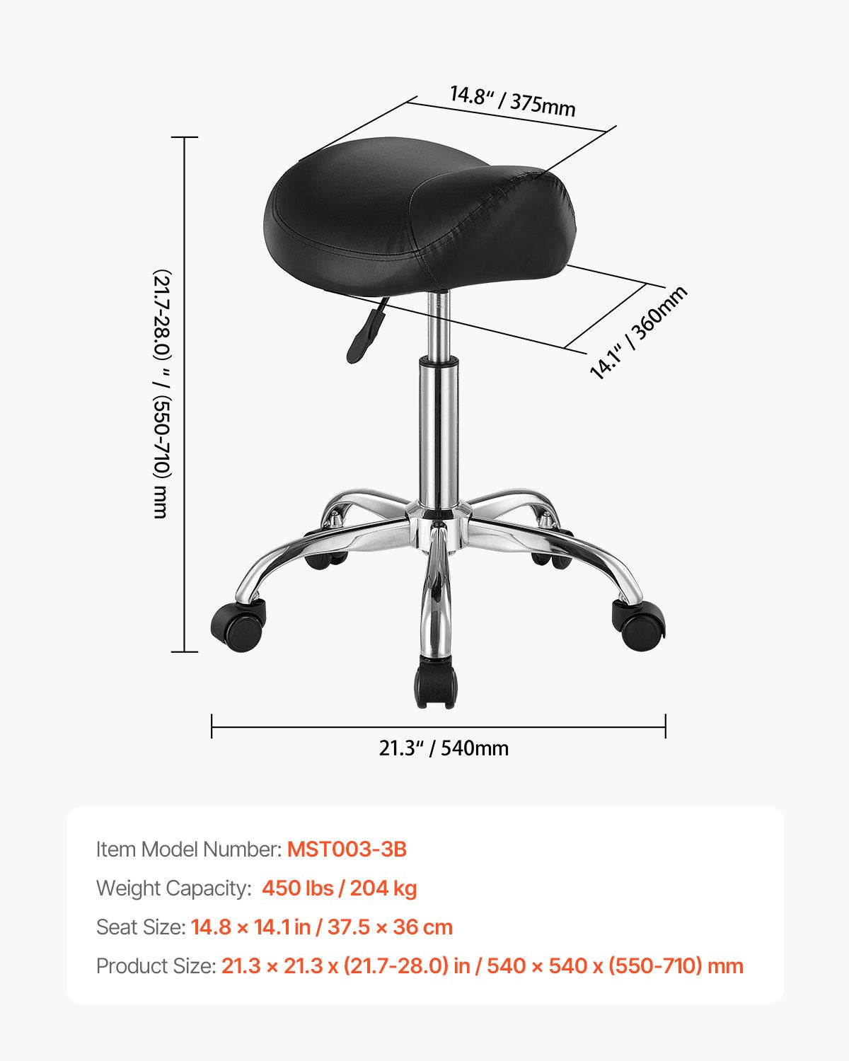 Sadelstol med hjul, 450 LBS viktkapacitet ergonomisk rullstol, höjdjusterbar förtjockad PU-läder snurrbar sadelstol för salong, spa, massage, tatuering, klinik, svart
