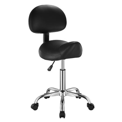 Sadelstol med ryggstöd och hjul, 450 LBS viktkapacitet ergonomisk rullstol, höjdjusterbar förtjockad PU-läder snurrbar sadelstol för salong, spa, massage, tatuering, svart