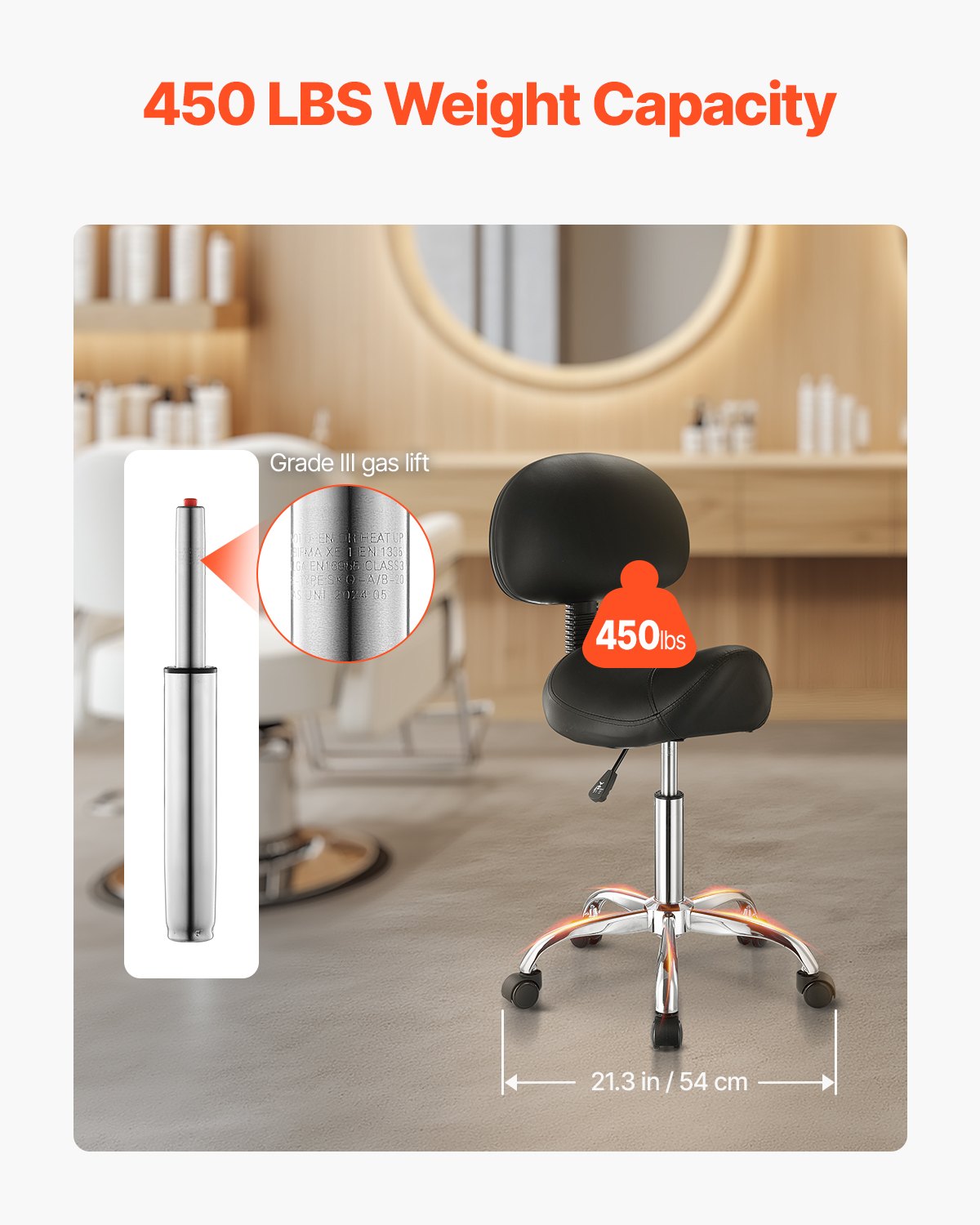 Sadelstol med ryggstöd och hjul, 450 LBS viktkapacitet ergonomisk rullstol, höjdjusterbar förtjockad PU-läder snurrbar sadelstol för salong, spa, massage, tatuering, svart