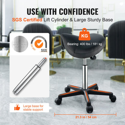 Saddle Stool with Wheels, 181.4 kg Weight Capacity Ergonomic Rolling Saddle Stool, Height Adjustable Thickened PU Leather Swivel Saddle Stools Chair for Salon, Spa, Tattoo, Clinic, Black