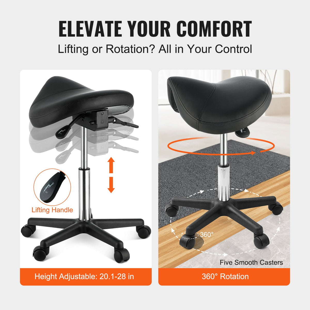 Saddle Stool with Wheels, 181.4 kg Weight Capacity Ergonomic Rolling Saddle Stool, Height Adjustable Thickened PU Leather Swivel Saddle Stools Chair for Salon, Spa, Tattoo, Clinic, Black