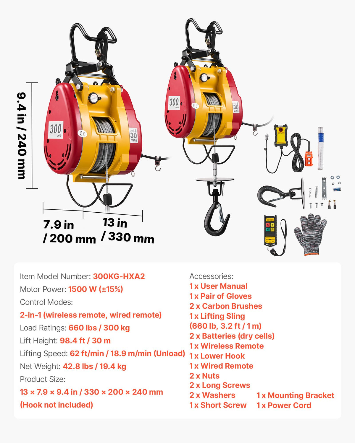 2-in-1 Electric Hoist Winch, 300 kg Capacity, 1500W Portable Power Winch Crane, 30 m Lifting Height, 18.9 m/min with Wired and Wireless Remote Control for Factory, Warehouss, Garage