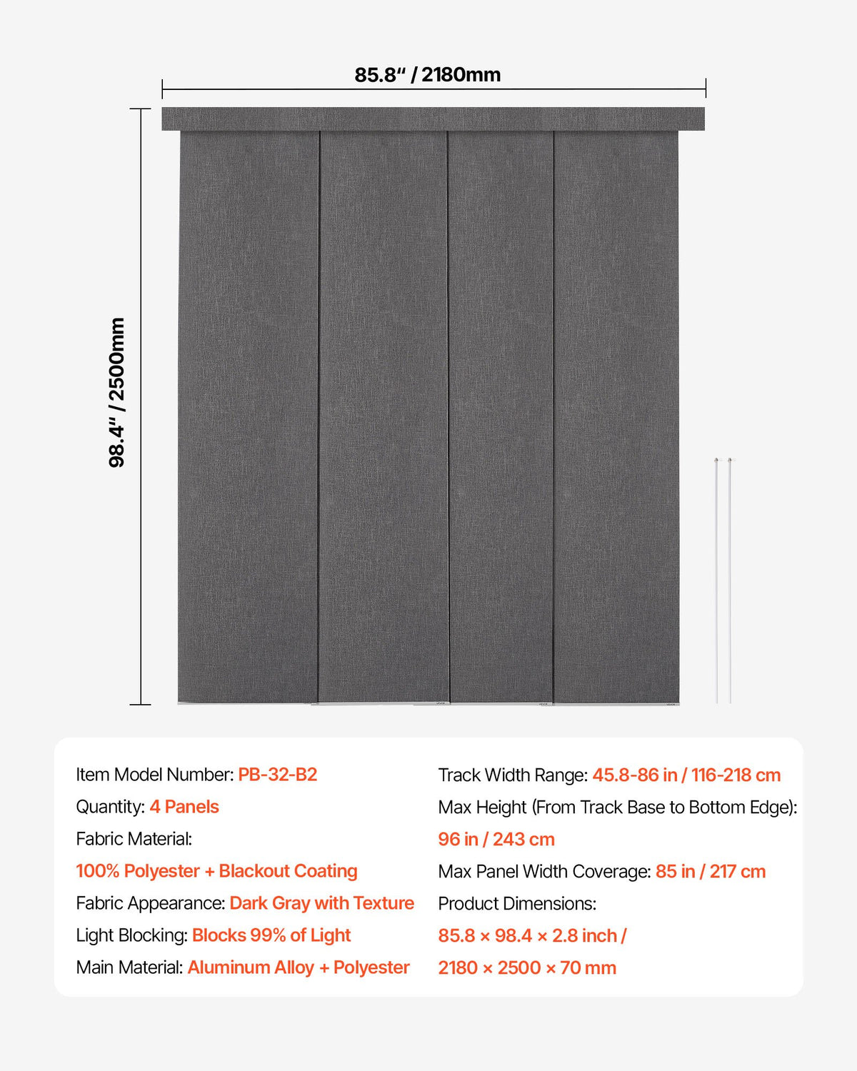 Panelgardiner, utdragbara skenor från 116 cm till 218 cm B, trimbara panelgardiner upp till 243 cm H, vertikala mörkläggningsgardiner för skjutdörrar, altandörrar, rumsavdelare, mörkgrå