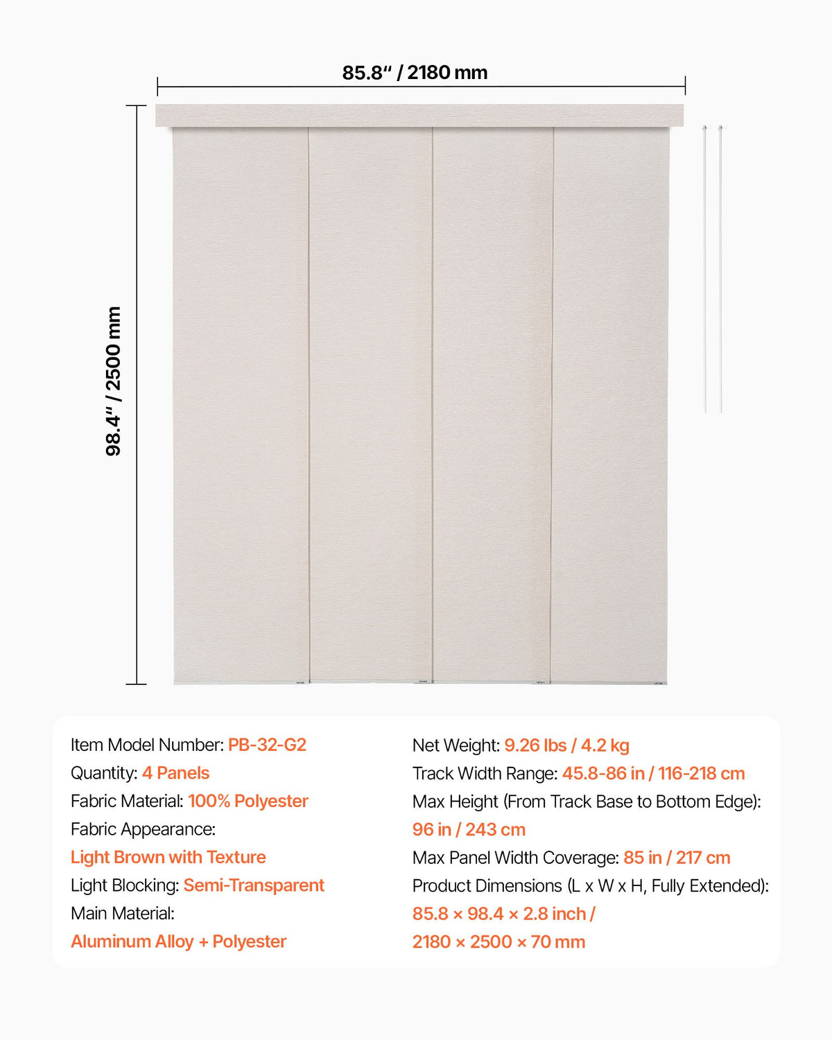Panelgardiner, utdragbara skenor från 116 cm till 218 cm B, trimbara panelgardiner upp till 243 cm H, justerbara vertikala panelgardiner för skjutdörrar, altandörrar, rumsavdelare, ljusbrun
