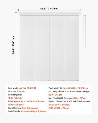 Panelgardiner, utdragbara skenor från 116 cm till 218 cm B, trimbara panelgardiner upp till 243 cm H, justerbara vertikala panelgardiner för skjutdörrar, altandörrar, rumsavdelare, fönster, vit