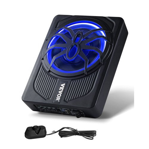 10" 440W subwoofer för bil, smala, drivna subwoofers med blått omgivningsljus, lågprofilsubwoofer under sätet med inbyggd förstärkare, fjärrkontroll för stadsjeepar, bil, lastbil, husbil