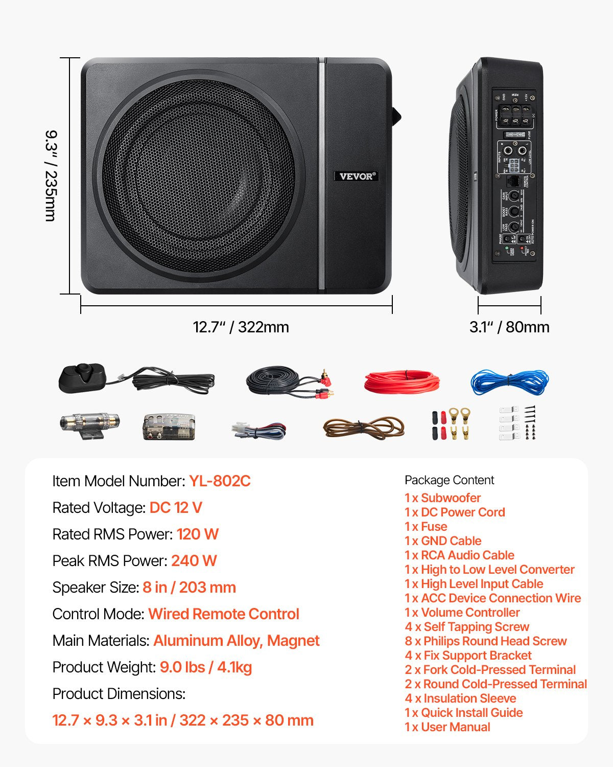 8" 240W subwoofer för undersätet, smala, drivna subwoofers för bil under sätet, inbyggd lågprofilsubwooferförstärkare, hög-/lågnivåingång och volymkontroll för stadsjeepar, bil, lastbil, husbil