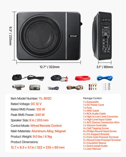 8" 240W subwoofer för undersätet, smala, drivna subwoofers för bil under sätet, inbyggd lågprofilsubwooferförstärkare, hög-/lågnivåingång och volymkontroll för stadsjeepar, bil, lastbil, husbil