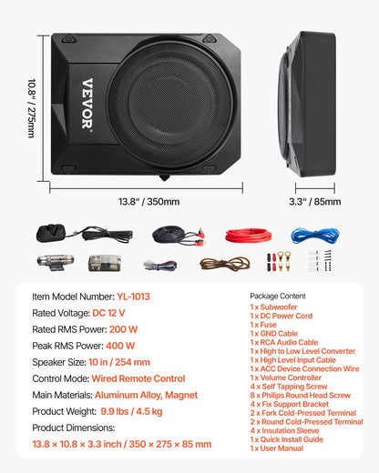 10" 400W subwoofer för undersätet, smala, drivna subwoofers för bil under sätet, inbyggd lågprofilsubwooferförstärkare, hög-/lågnivåingång och volymkontroll för stadsjeepar, bil, lastbil, husbil