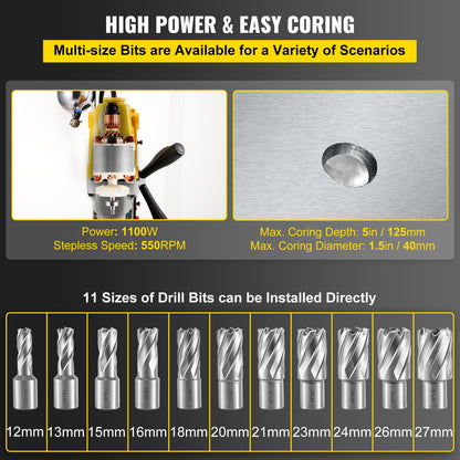 MD40 38.1 mm Electric Magnetic Drill Press Drilling Machine with 11PC HSS Cutter Set Precise Annular Cutter Kit Compact Switchable Evolution 1100W Magnet Force