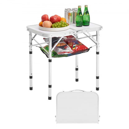 Folding Camping Table, Adjustable Height Portable Side Tables, Aluminum MDF Beach Table with Mesh Layer, Carrying Handle, Lightweight Compact for Outdoor Picnic BBQ Cooking, 24x16in, Silver