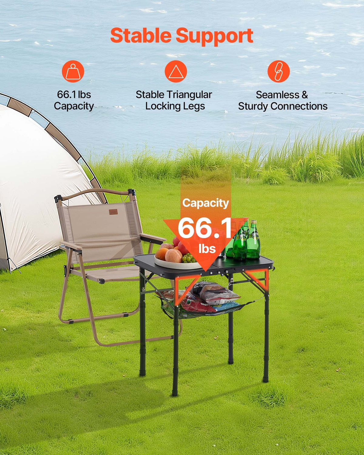 Folding Camping Table, Adjustable Height Portable Side Tables, Aluminum MDF Beach Table with Mesh Layer, Carrying Handle, Lightweight Compact for Outdoor Picnic BBQ Cooking, 24x16in, Black