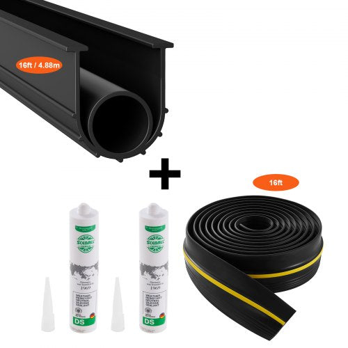 Tätningssats för garageportströskel och botten, 16 fot U-form + O-ring universell garageportstätningslist för botten i PVC, kombinerad med väderbeständig tätningslist för garagetröskel med självhäftande material, svart