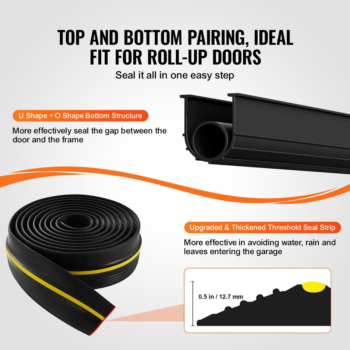 Tätningssats för garageportströskel och botten, 16 fot U-form + O-ring universell garageportstätningslist för botten i PVC, kombinerad med väderbeständig tätningslist för garagetröskel med självhäftande material, svart