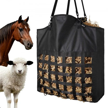 Hay Bag for Horses, 55 x 18.5 x 64 cm, 46 x 46 mm Holes, Premium Nylon Construction with PVC Waterproof Coating, Adjustable Hanging Straps and Metal Hooks, Slow Feed Hay Bag for Horses