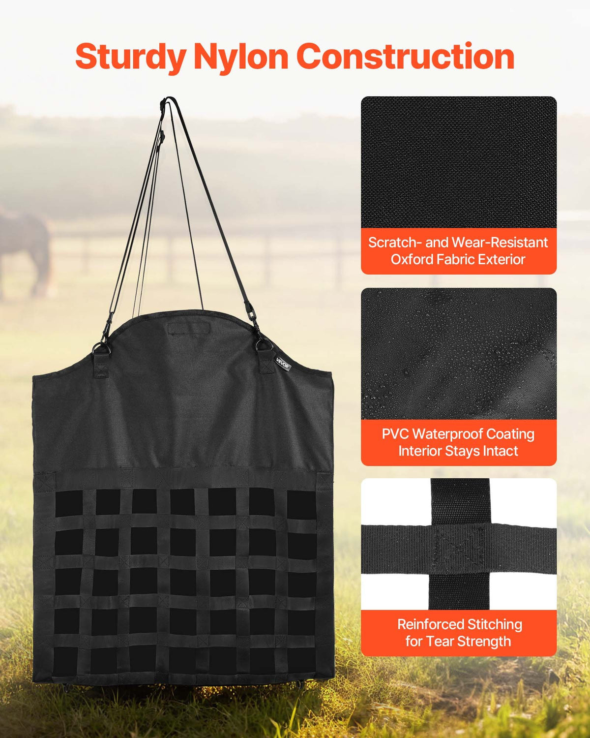 Hay Bag for Horses, 55 x 18.5 x 64 cm, 46 x 46 mm Holes, Premium Nylon Construction with PVC Waterproof Coating, Adjustable Hanging Straps and Metal Hooks, Slow Feed Hay Bag for Horses