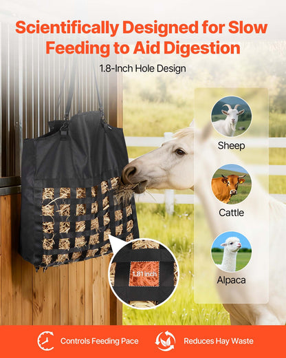 Hay Bag for Horses, 55 x 18.5 x 64 cm, 46 x 46 mm Holes, Premium Nylon Construction with PVC Waterproof Coating, Adjustable Hanging Straps and Metal Hooks, Slow Feed Hay Bag for Horses