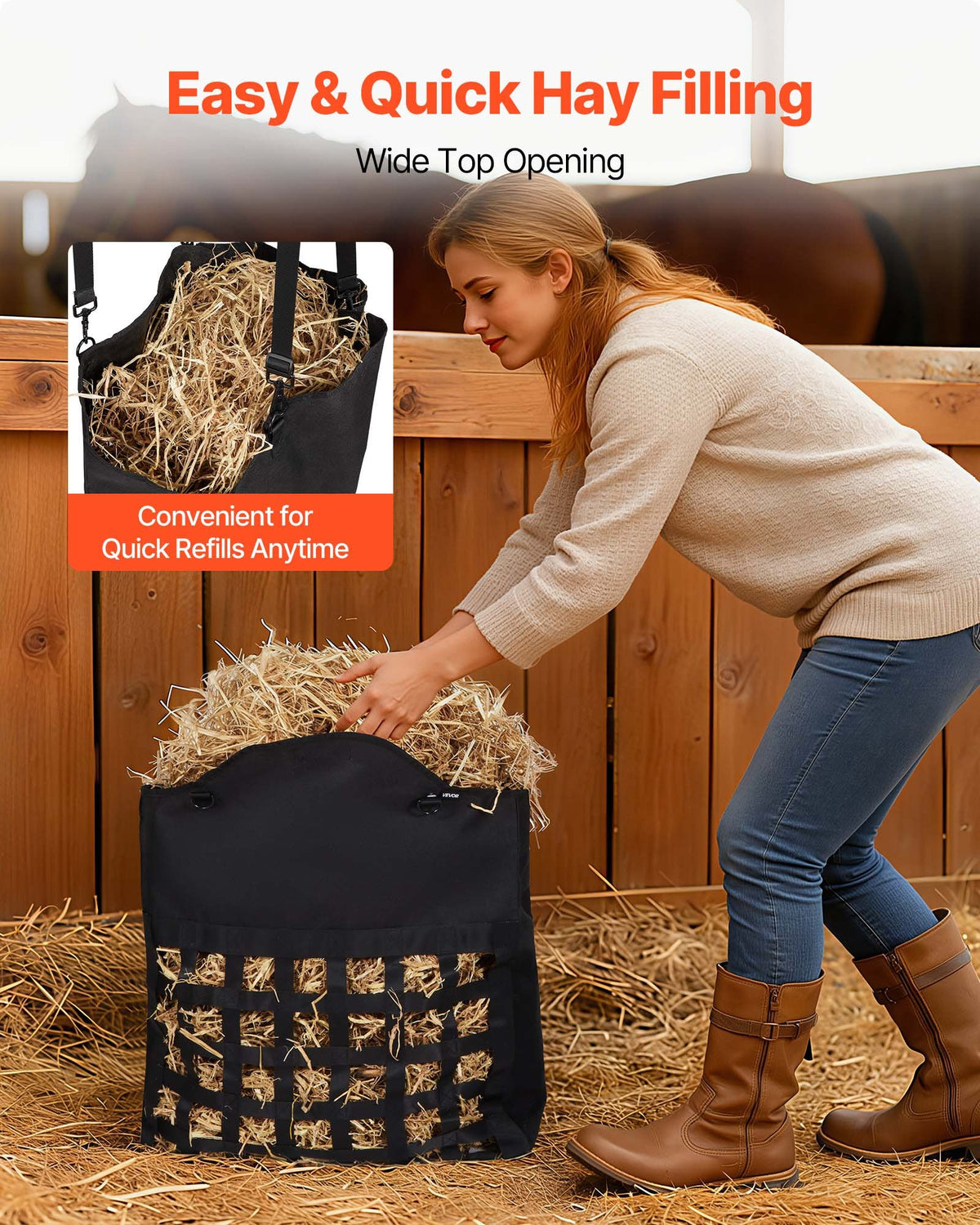 Hay Bag for Horses, 55 x 18.5 x 64 cm, 46 x 46 mm Holes, Premium Nylon Construction with PVC Waterproof Coating, Adjustable Hanging Straps and Metal Hooks, Slow Feed Hay Bag for Horses