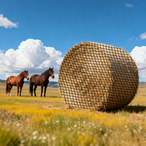 Round Bale Hay Net, 1.5 x 1.5 x 1.5 m, 38.1 x 38.1 mm Holes, PE Material, Knotless Design, with Zip Ties, Needle Shuttle, Repair Twine and Storage Bag, Slow Feeder Round Bale Net for Horses
