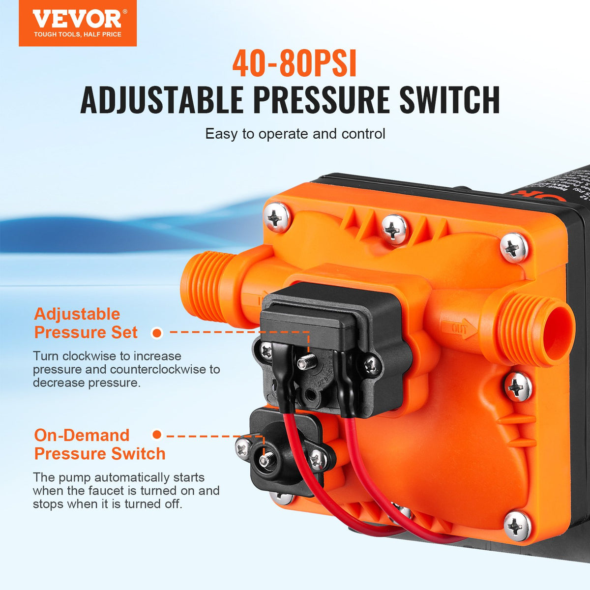 Vattenmembranpump, 13,25 liter, 55 PSI nominellt tryck (40-80 PSI justerbart), 12,7 mm MNPT självsugande sprutpump med tryckbrytare för husbil, husbil, marin, båt, gräsmatta, FCC-certifierad