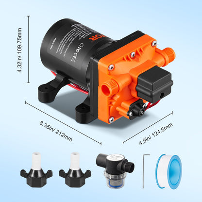 Vattenmembranpump, 13,25 liter, 55 PSI nominellt tryck (40-80 PSI justerbart), 12,7 mm MNPT självsugande sprutpump med tryckbrytare för husbil, husbil, marin, båt, gräsmatta, FCC-certifierad