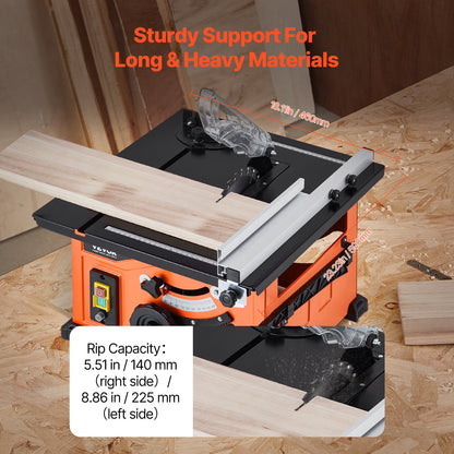Bordsåg för arbetsplatsen, 210 mm, 1200 W bärbar kompakt bordsåg, 225 mm max. klyvkapacitet, 4800 varv/min skärhastighet, med 24 tänder sågblad, glidande geringsmått, för gör-det-själv träbearbetning och möbeltillverkning