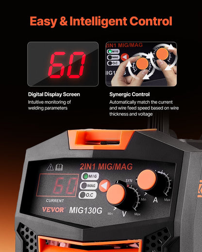 MIG-svets, 130A synergisk MIG-svetsmaskin, 2-i-1 gasdriven MIG/gasfri flusskärna MIG-flerprocesssvetsmaskin, bärbar MIG-svets med IGBT-inverterteknik och digital skärm