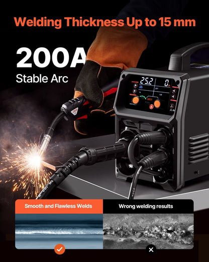 Pro MIG-svets, 200Amp Pluse MIG-svetsmaskin, 5-i-1 synergisk svetsmaskin MIG Pluse/Gas MIG/Flux Core MIG/Stick/Lift TIG med IGBT-inverterteknik och LCD-skärm