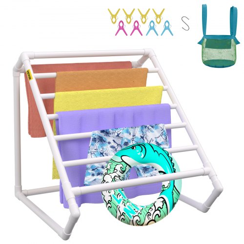 Handdukshängare för pool, 8 stänger, vit, fristående utomhus PVC triangulär förvaringsorganisatör för poolen, inkluderar 8 handduksklämmor, nätpåse, krok, förvarar även flytplagg och paddlar, för strand, pool