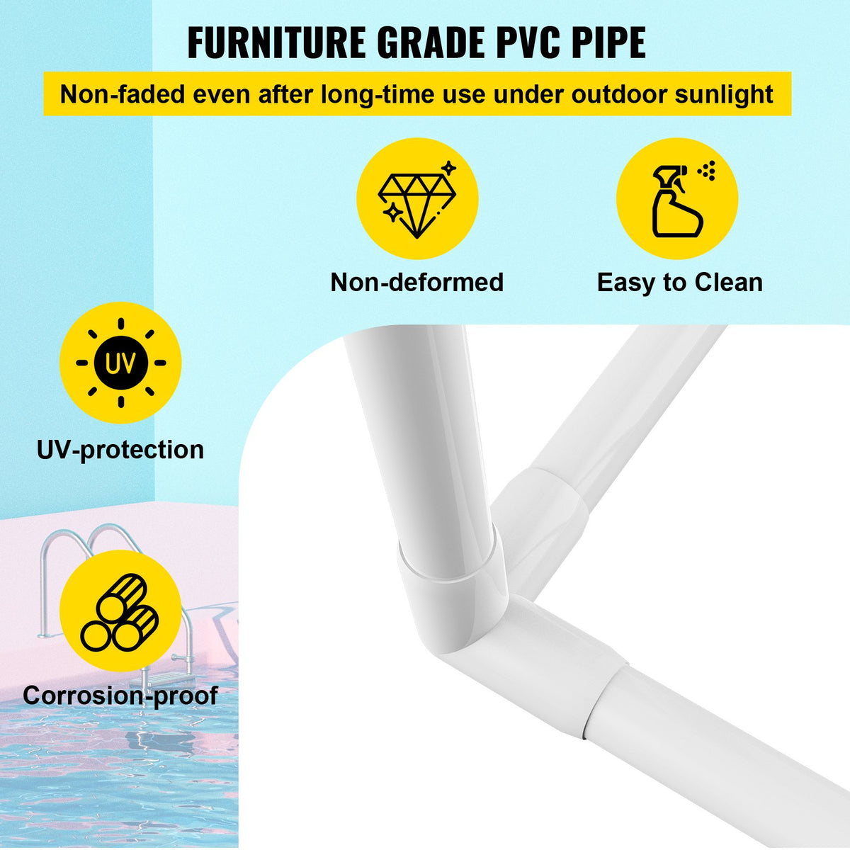Handdukshängare för pool, 8 stänger, vit, fristående utomhus PVC triangulär förvaringsorganisatör för poolen, inkluderar 8 handduksklämmor, nätpåse, krok, förvarar även flytplagg och paddlar, för strand, pool