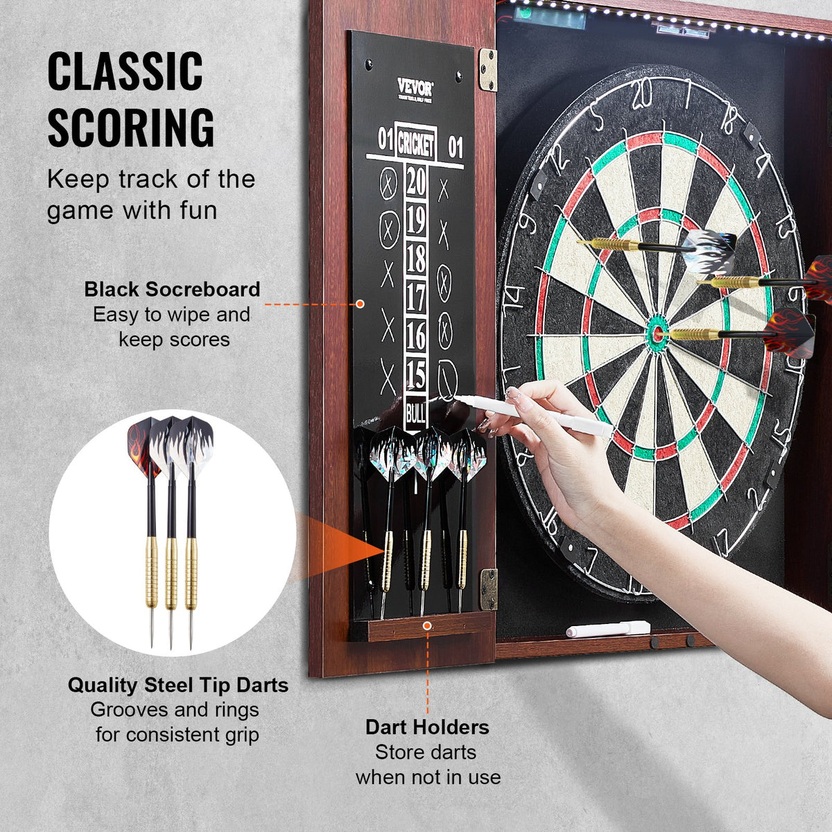 Darttavla och skåpset, färdigt att spela paket Darttavlaskåp i officiell storlek, Stålspetsad dartskåp med dold plats, Med LED-ljus, Enkel montering, Komplett med alla tillbehör, för cricketmatcher