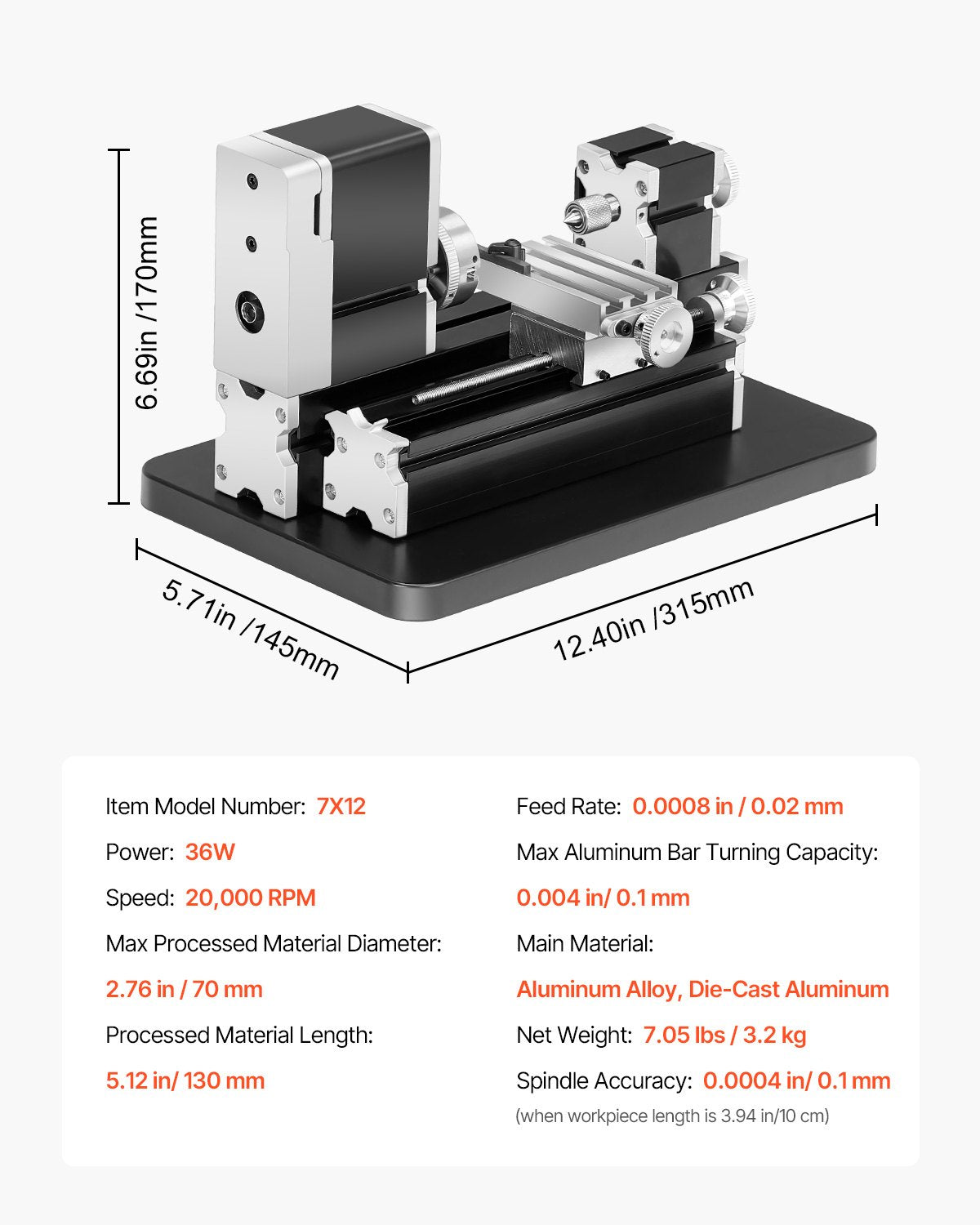 Didaktisk mini-metallsvarv, 70 x 130 mm (2,76 x 5,12 tum), 36 W kraftfull metallsvarv, 20 000 varv/min, med 3-backschuck, handratt i aluminiumlegering, för bearbetning av precisionsdelar, mjuka metaller, trä och plast.