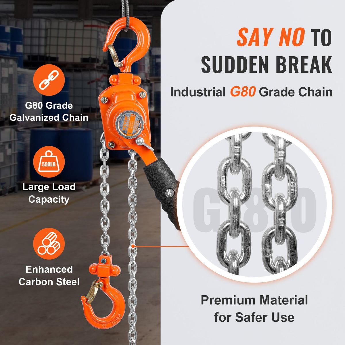 Manual Lever Chain Hoist, 1/4 Ton 550 lbs Capacity 1.5m Come Along, G80 Galvanized Carbon Steel with Weston Double-Pawl Brake, Auto Chain Leading & 360° Rotation Hook, for Garage Factory Dock