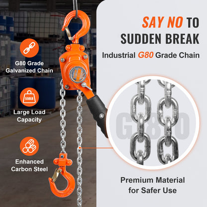 Manual Lever Chain Hoist, 1/4 Ton 550 lbs Capacity 1.5m Come Along, G80 Galvanized Carbon Steel with Weston Double-Pawl Brake, Auto Chain Leading & 360° Rotation Hook, for Garage Factory Dock