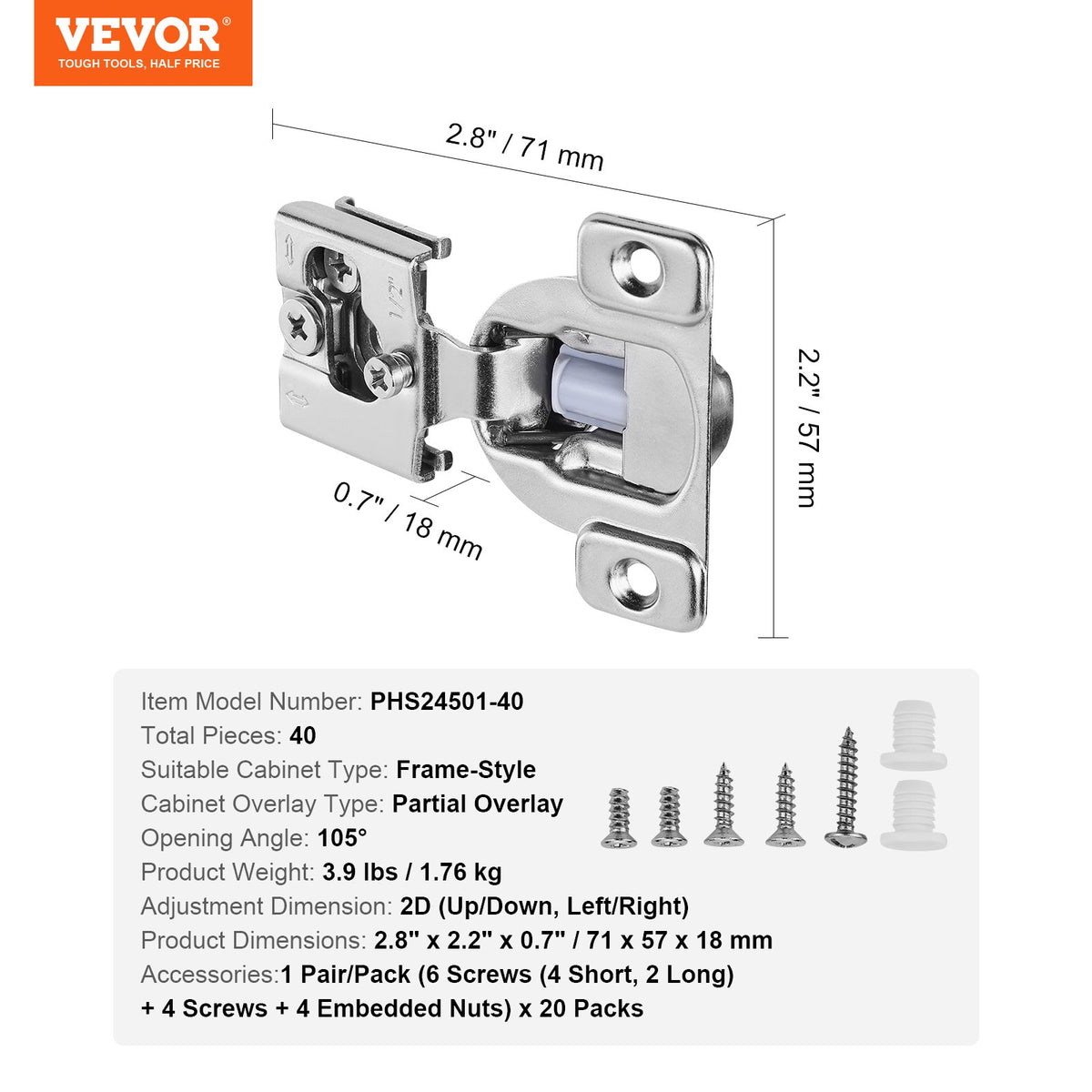 Cabinet Hinges, 40 Packs Partial Overlay Kitchen Cabinet Door Hinges, 105 Degree Opening Angel Soft Close Concealed Cupboard Hinges for Framed Cabinet Type, with Mounting Screws